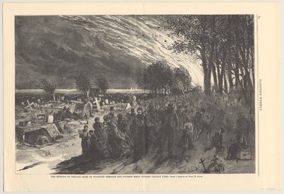 De Brand van Chicago - vlucht van vluchtelingen door het pottersveld naar Lincoln Park, illustratie uit Harper